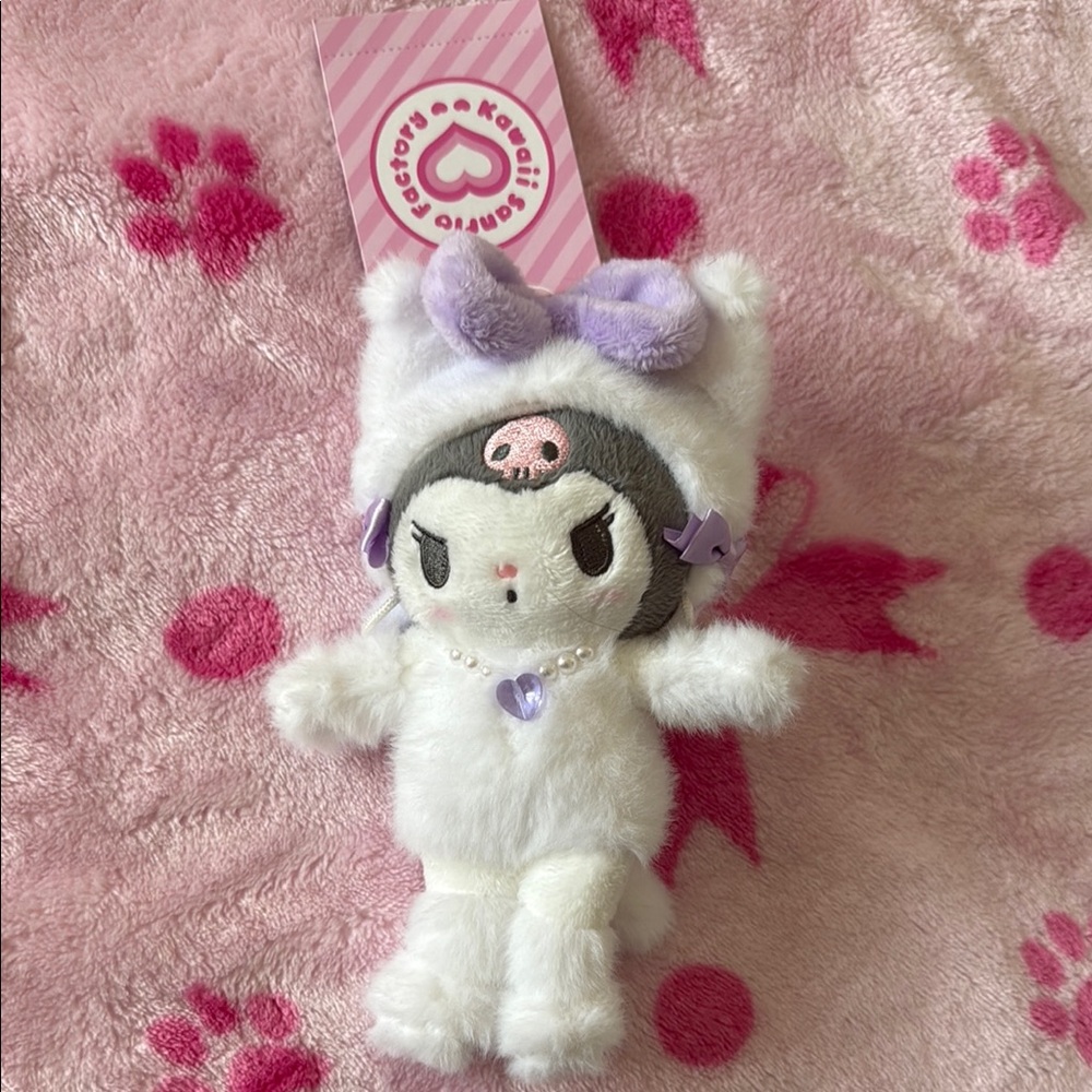 Sanrio Kuromi Plush Keychain in White and Lavender with Heart Charm